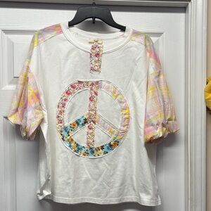 Easel White Top with Floral Patchwork Peace Sign Puff Sleeves Three button New
